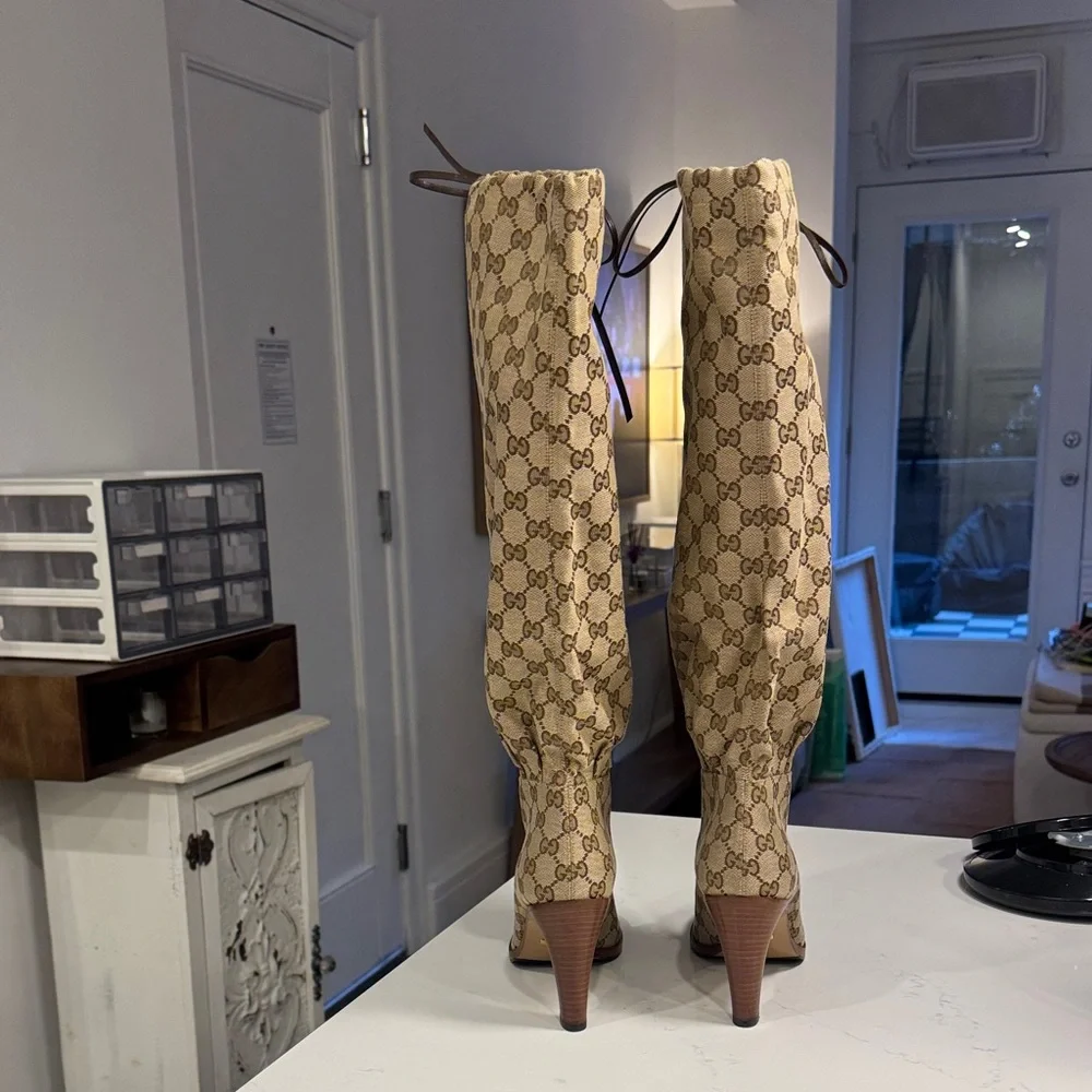 Gucci Beige GG Monogram Lace-Up Over-the-Knee Boots - Picture 3 of 6